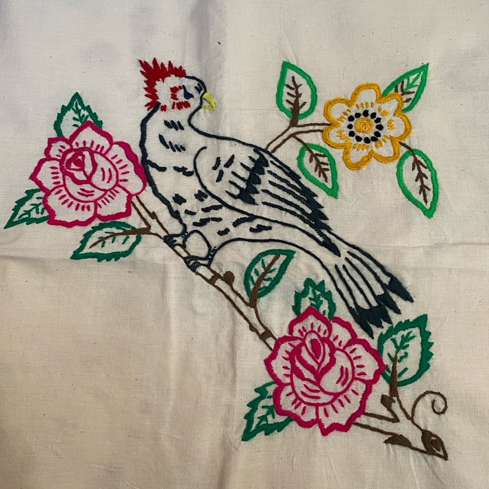 Handmade Embroidered Bird Design Pillow Case Cloth with Pink and Yellow Flowers